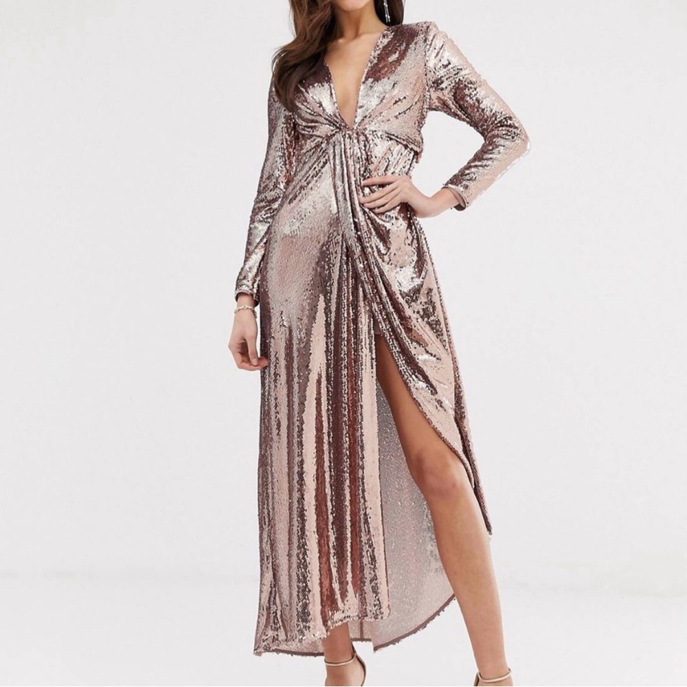 ASOS Sequin Plunge Asymmetric Side Slit Long Sleeve Maxi Dress